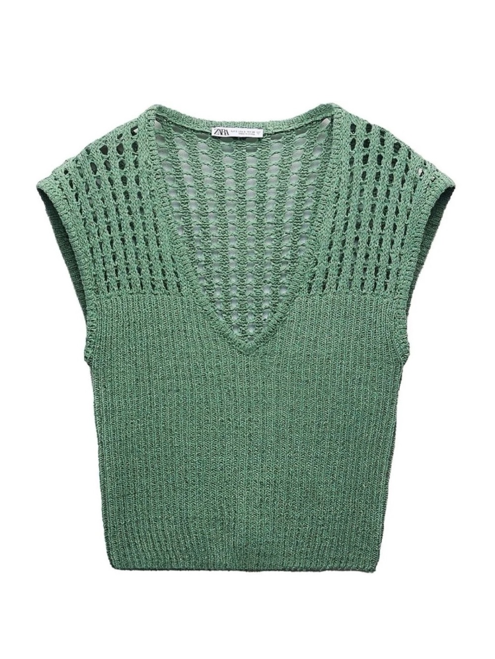 Zara Green Open Knit Crochet V-Neck Cap Sleeve Sweater Top Size Medium